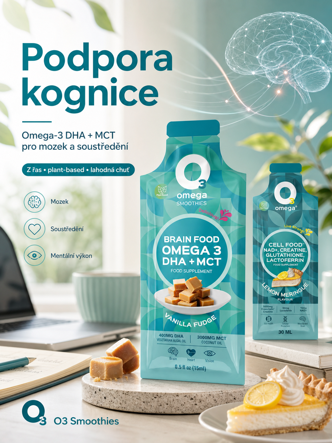 O3 Smoothies promotional graphic with the heading ‘Cognition support’. The image shows a turquoise ‘Brain Food’ pouch in Vanilla Fudge flavour and a blue ‘Cell Food’ Lemon Meringue pouch, with an illustration of a brain and icons for focus and mental performance. The products are set in a work environment with a laptop and notebook.